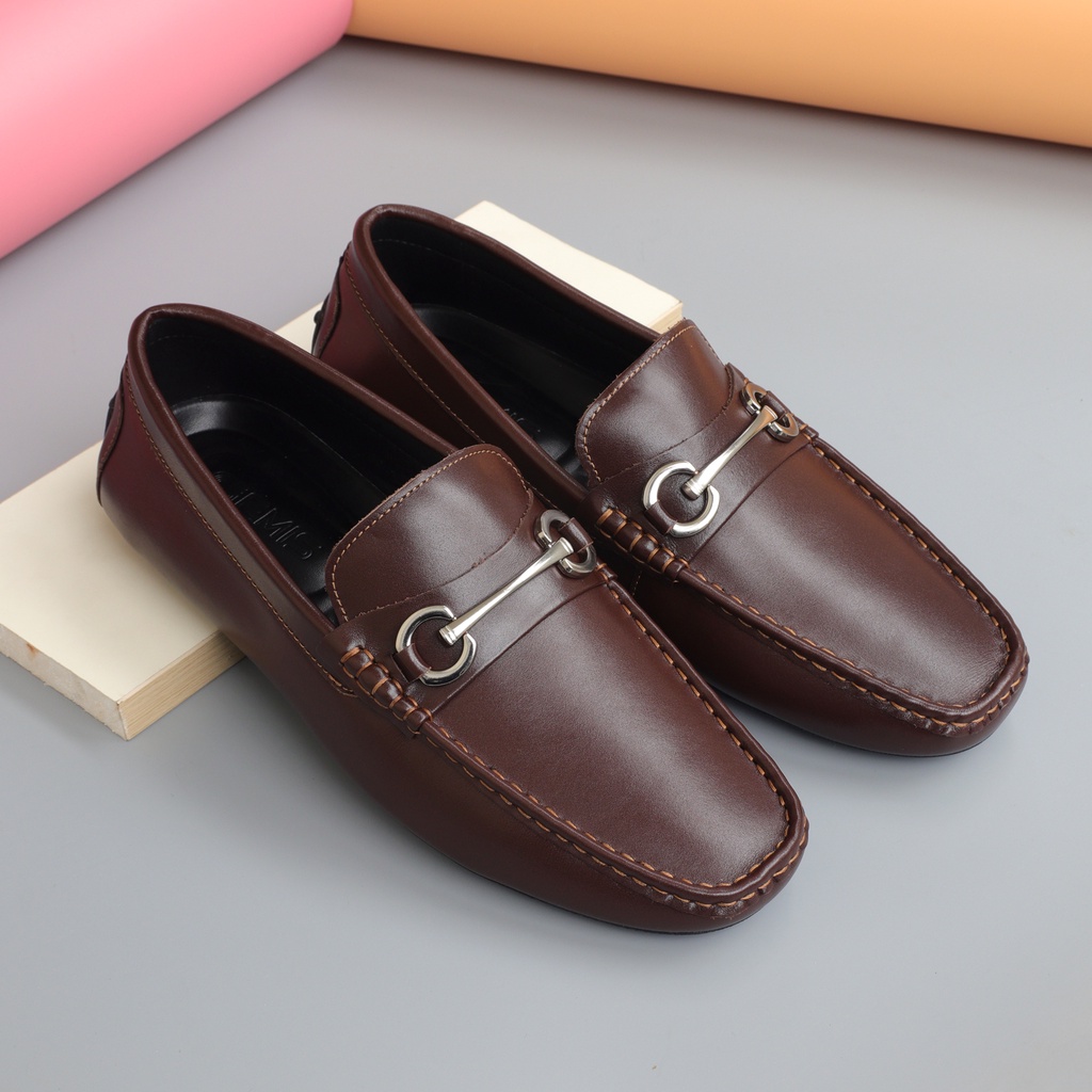 Giày lười nam da bò đẹp màu nâu, đai ngang kim loại - 4435na