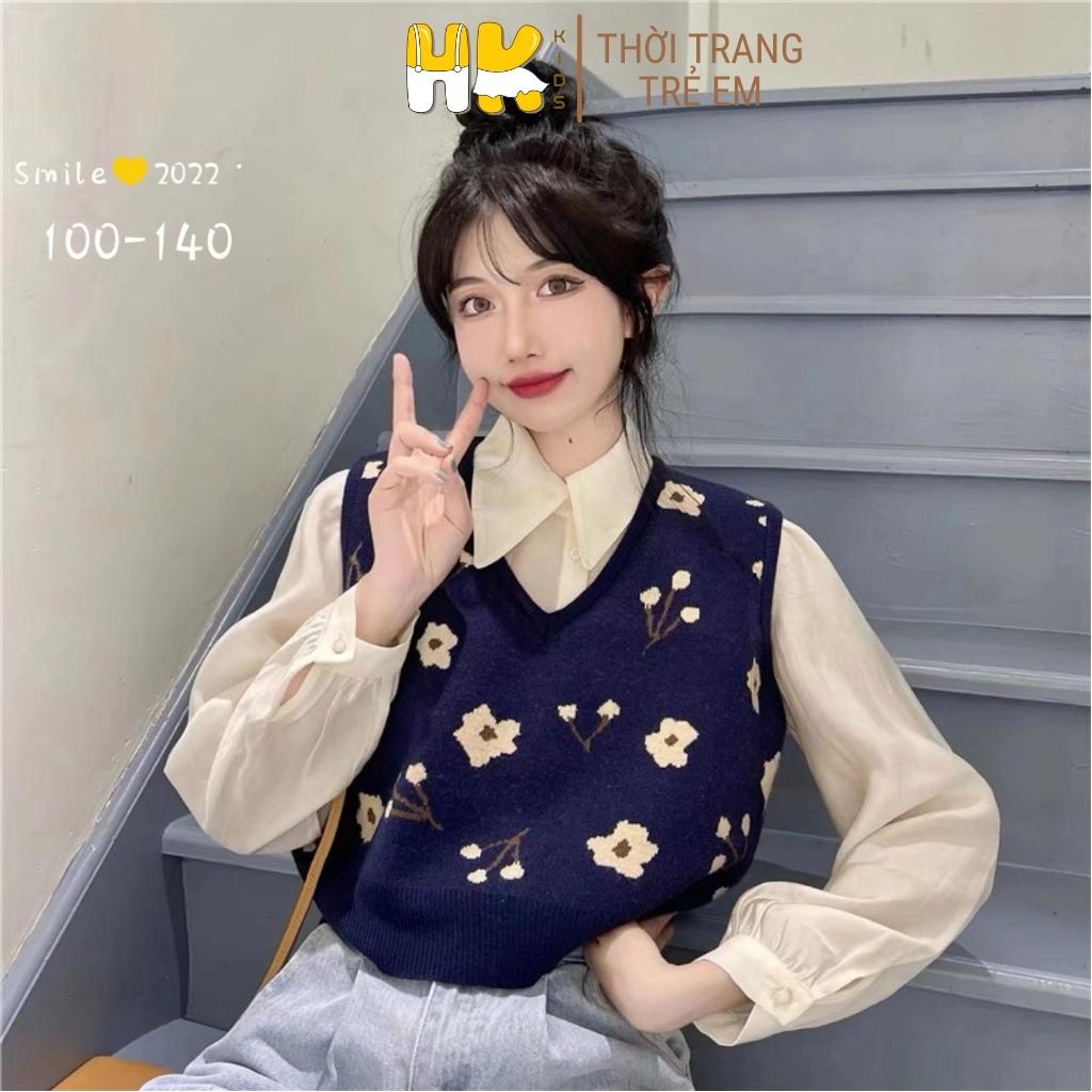 Áo gile len cho bé gái HK KIDS, áo len gile cổ tim chất len cao cấp mềm mịn đanh lì size cho bé từ 3 đến 8 tuổi