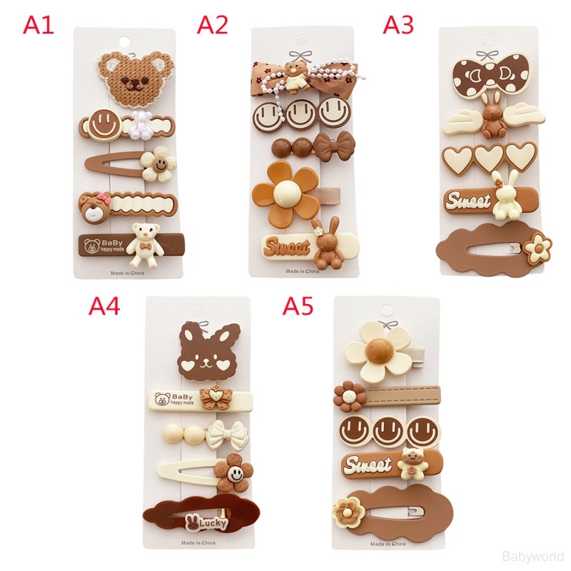 Set 5 Kẹp Tóc Hình Gấu Hoạt Hình Màu Trà Sữa Phong Cách Hàn Quốc Dễ Phối Đồ Cho Bé Gái