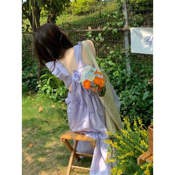 Hàng Quảng Châu Taobao Váy maxi tím 2 dây nơ lưng đi chơi đi biển Đầm Hai Dây Màu Tím Khoai Môn Siêu Mỏ