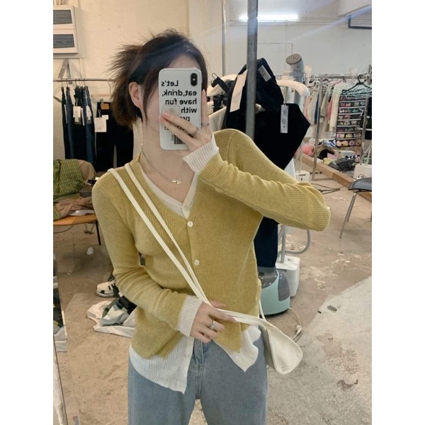 Áo cardigan dệt kim hai mảnh màu đen, xám, vàng, xanh nhạt