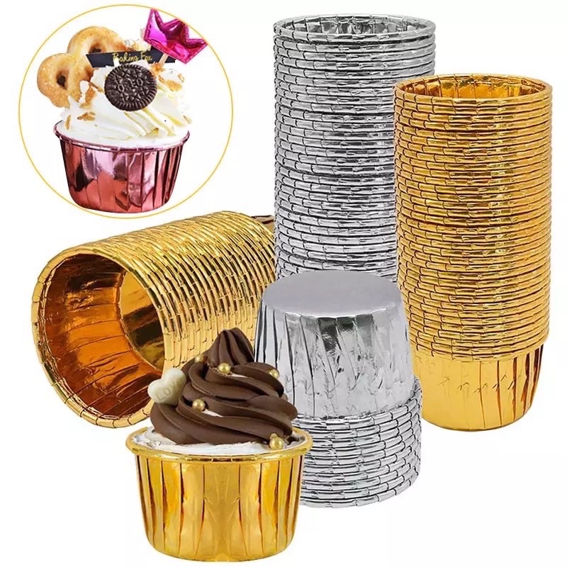 Set ~50 cốc nhôm màu vàng, bạc đựng bánh cupcake