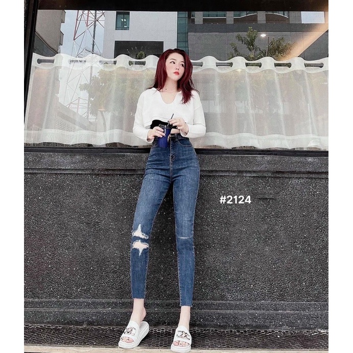 Bigsize (31-35) QUẦN JEANS ÔM BODY LƯNG CAO SIÊU CO GIÃN VNXKFresship size lớn Rách Gối - TC Shop Jeans Ms 2129
