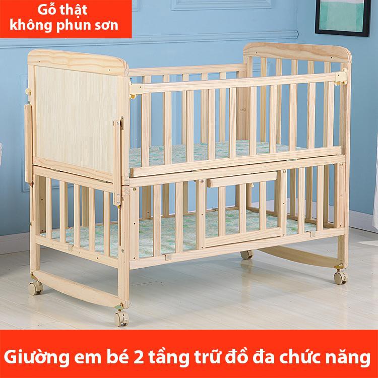 Cũi gỗ đa năng 2 tầng cho bé tặng màn (mùng) nhiều tầng nôi em bé không phun sơn có thể FU116