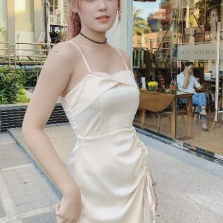 Đầm phi lụa hai dây rút eo