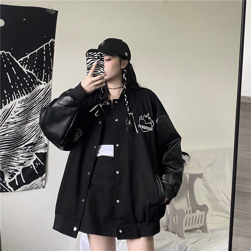 Áo bomber nỉ nam nữ tay da họa tiết trái tim xinh xắn - Áo khoác nỉ thu đông dáng rộng unisex kiểu cúc bấm