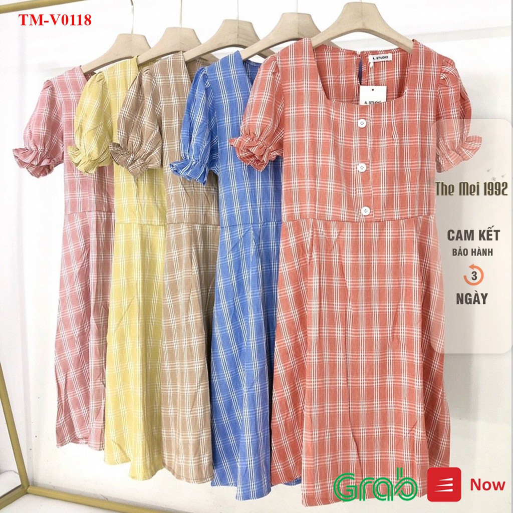Đầm suông nữ The Mei 1992- Đầm công sở chất cotton mát kẻ caro cổ vuông đính cúc bo ống tay siêu xinh | BigBuy360 - bigbuy360.vn