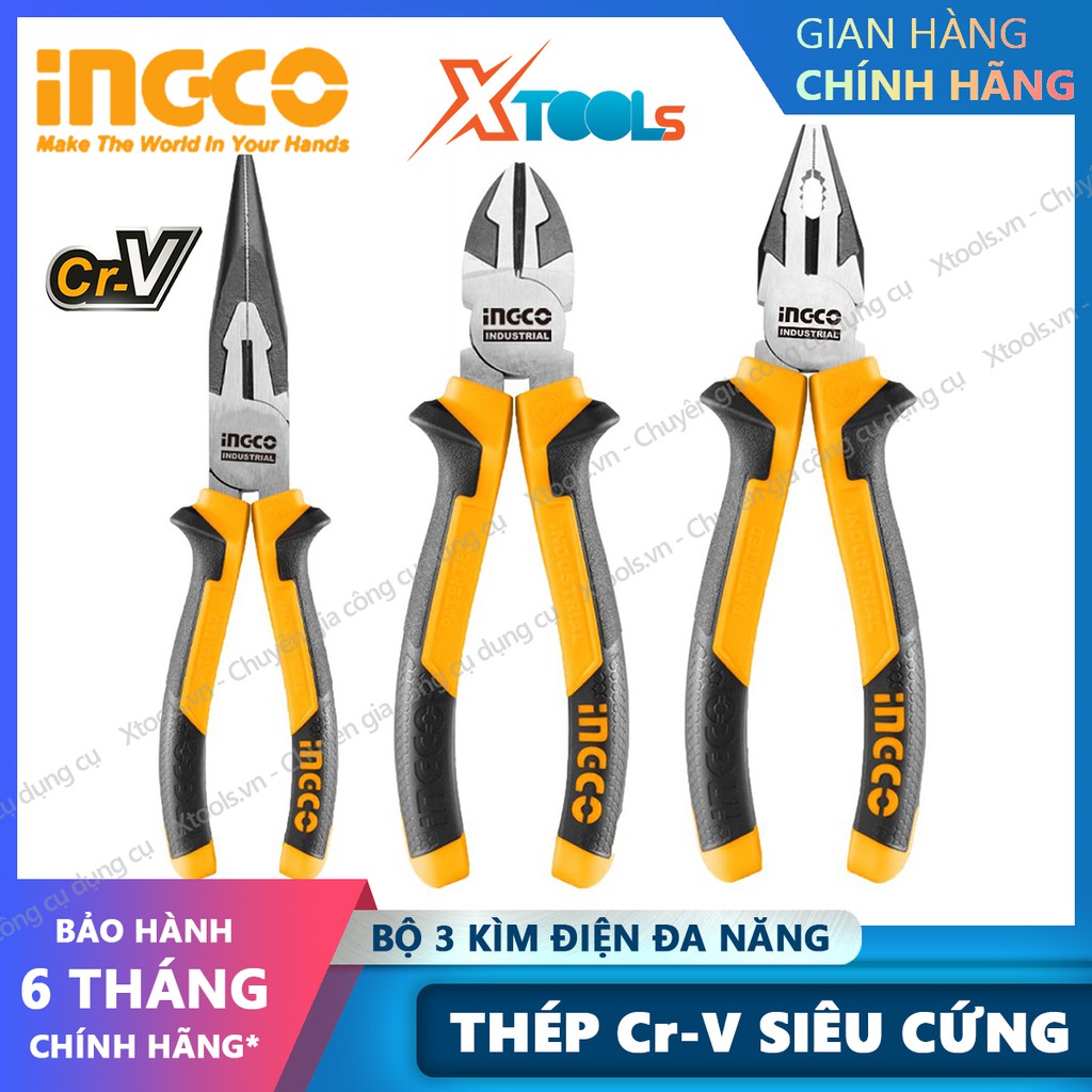 Bộ 3 kìm đa năng cách điện INGCO Kềm cắt kềm răng điện kềm mũi nhọn thép CrV siêu cứng bền cắt kẹp tuốt dây điện cáp kẽm