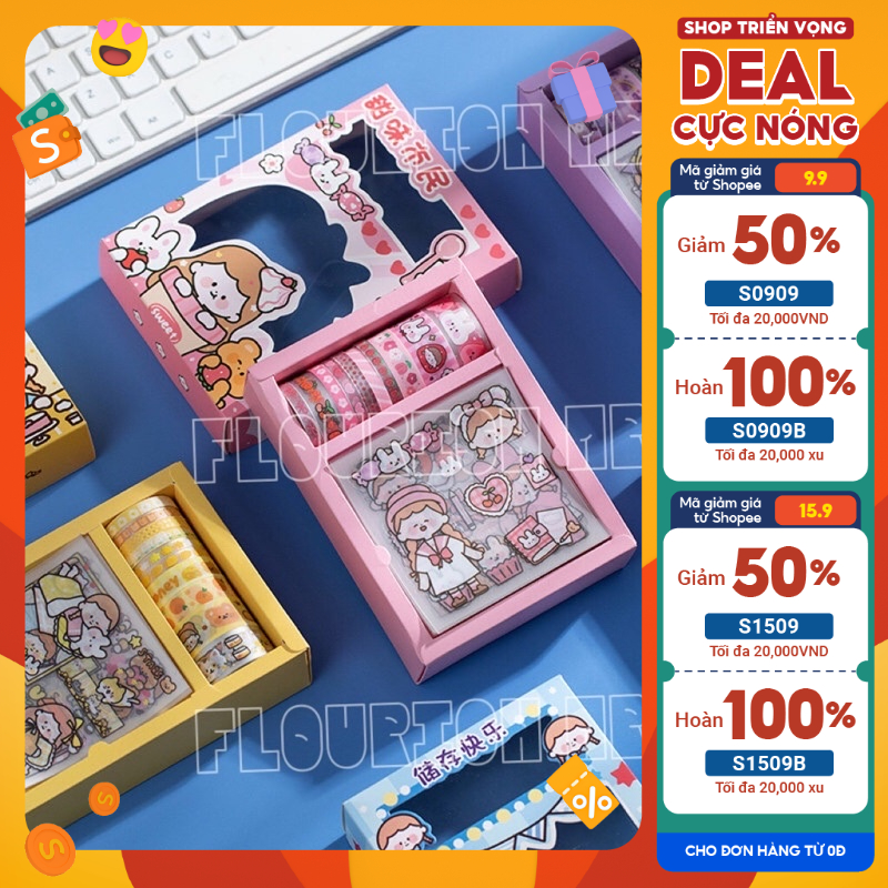 [Flourish Art] Bộ Washi Kèm Sticker Trong Suốt/Trong Nhám - 10 Washi Kèm 10 Sticker