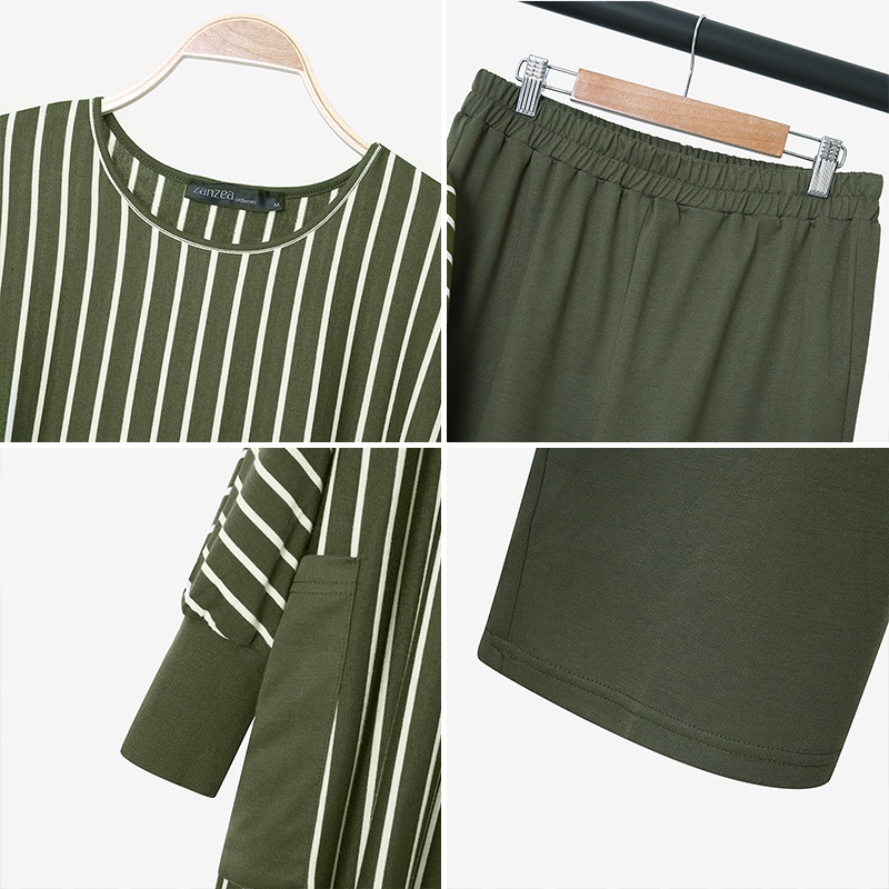 ZANZEA Set Áo Tay Dài Kẻ Sọc Và Quần Dài Lưng Thun Thời Trang Cho Phụ Nữ Hồi Giáo