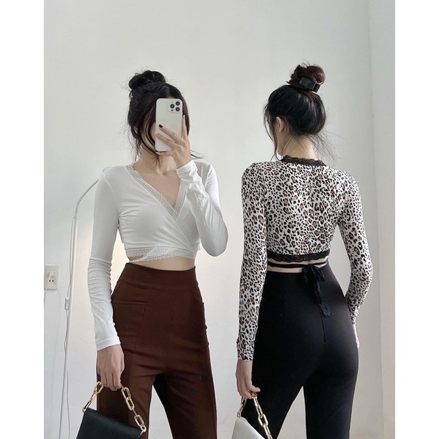 ÁO TAY DÀI VIỀN REN THẮT NƠ EO▪JANE CROPTOP