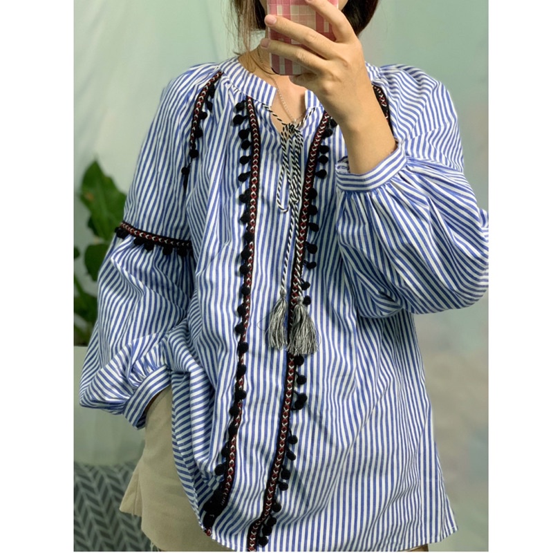 Áo sơmi 2hand kẻ sọc phối thổ cẩm trẻ trung, năng động
