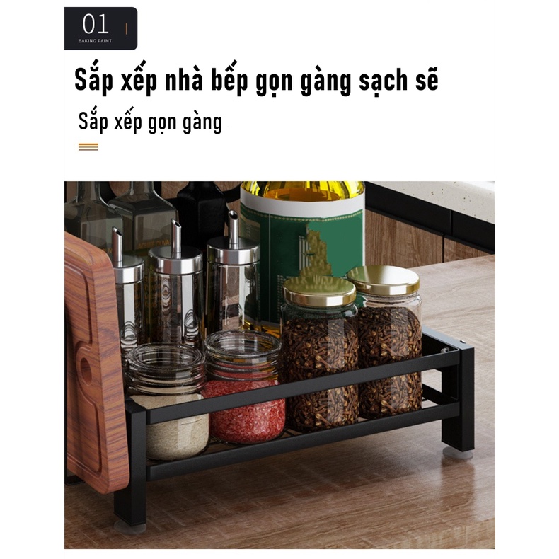 GSlife Kệ Gia Vị 2&amp;3 tầng cao cấp sơn đen tĩnh điện có ống cắm đũa và giá để thớt quá tiện đa năng