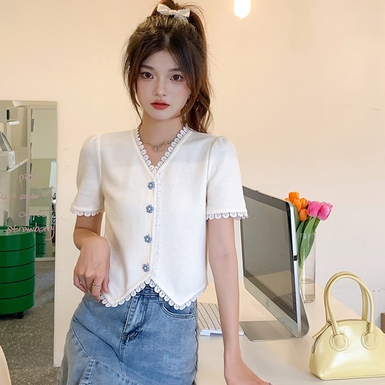 Áo thun dệt kim ZHELIHANGFEI ngắn tay phối ren phong cách thời trang cho nữ