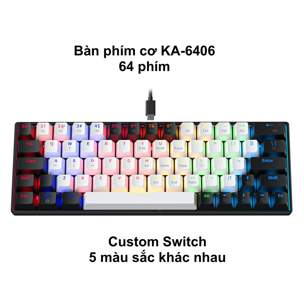 Bàn phím cơ gaming KA-6406 Led RGB 64 phím gọn nhẹ thích hợp chơi game, dùng văn phòng, led 12 chế độ sáng