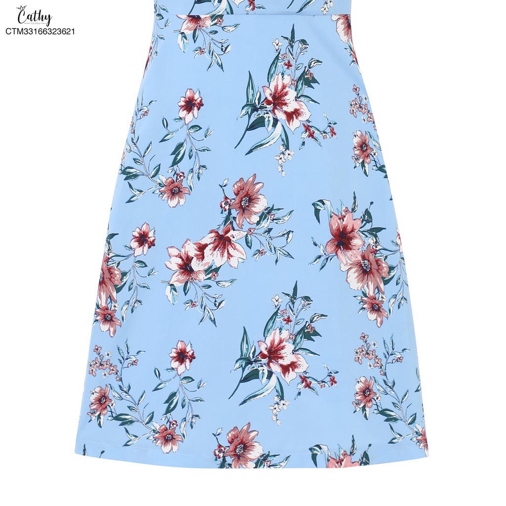 Đầm hoạ tiết Cathy Clans cổ xếp kiểu hoa lớn - xanh | BigBuy360 - bigbuy360.vn