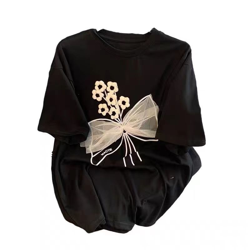 Áo Thun Đen Tay Ngắn Họa Tiết Hoa Ba Chiều Thời Trang Cho Nữ