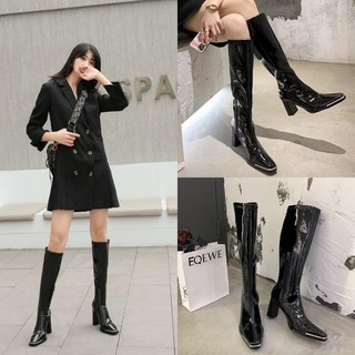 Giày boot mũi vuông dưới gối da bóng màu đen GBMV-08CL