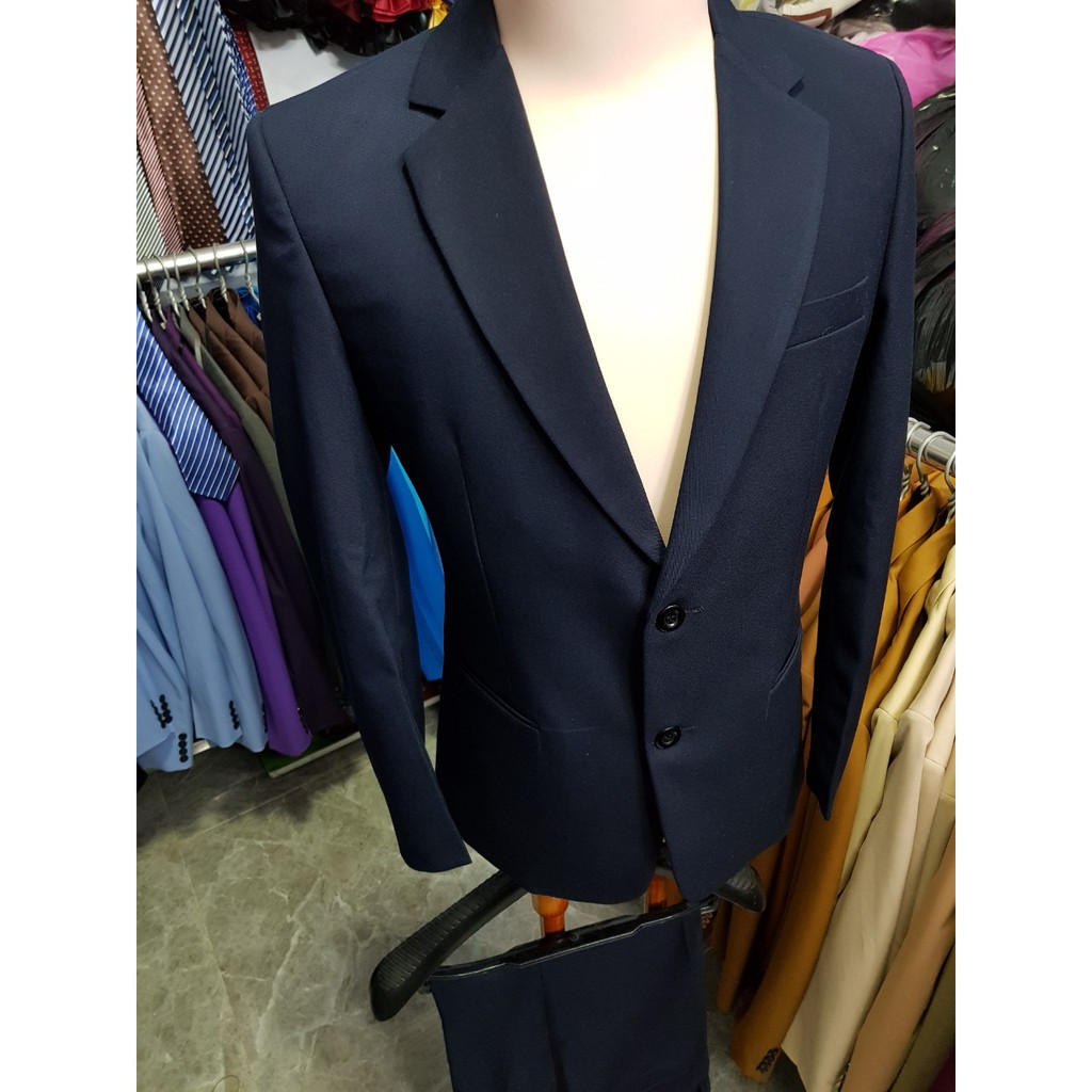 Bộ vest nam 2 nút màu xanh đen đậm tặng cà vạt + kẹp