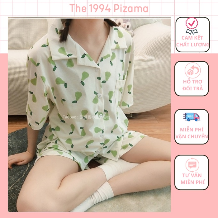 BỘ ĐỒ NGỦ NỮ HOẠT HÌNH, PIJAMA NỮ CỘC TAY HỌA TIẾT QUẢ LÊ DỄ THƯƠNG