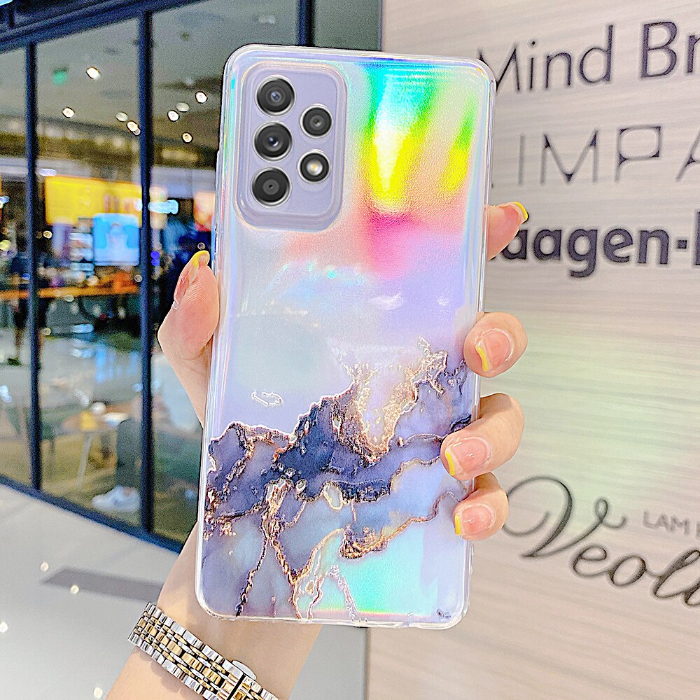 Ốp điện thoại mềm trong suốt in đá hoa cương màu laser cho Samsung Galaxy A52 A72 A32 5G A22 A12 A82 S21 Plus