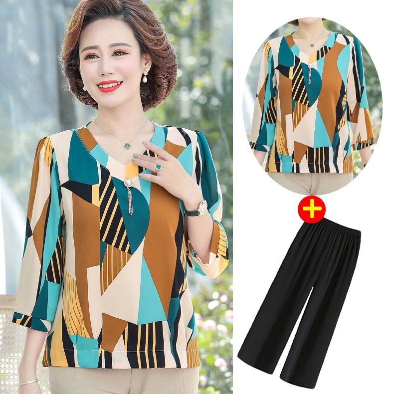 Áo phông xuân của mẹ, sơ mi voan nữ mới, 40 tuổi, 50 mùa hè Bộ đồ hai mảnh cỡ lớn cho người già