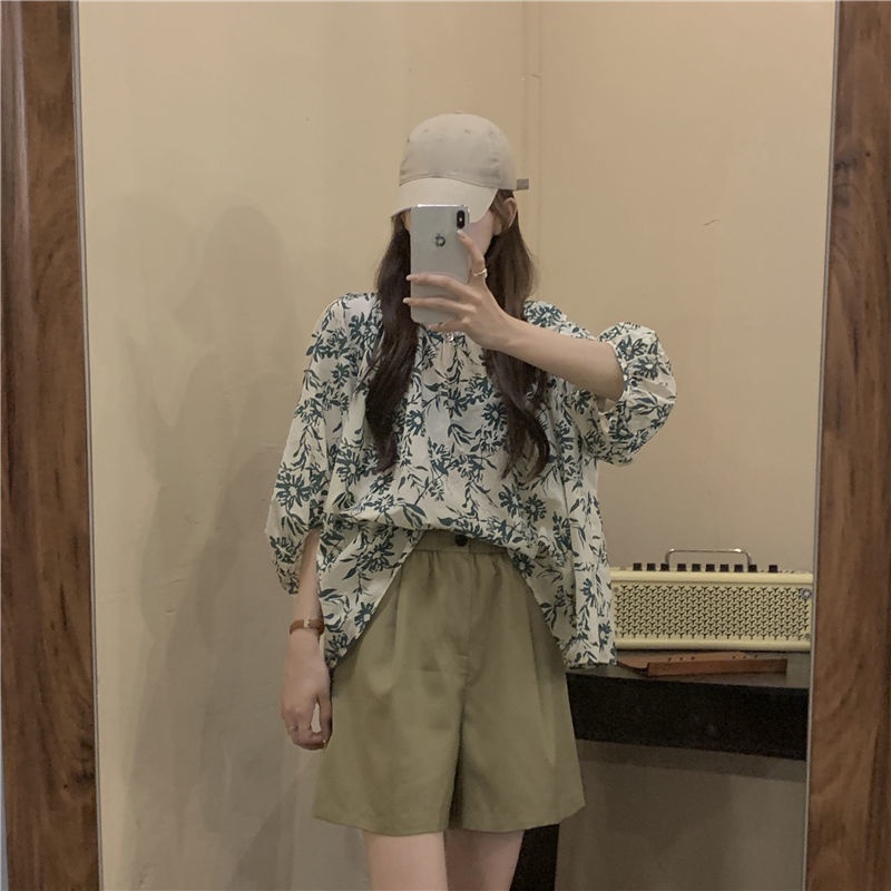 Bộ Đồ 156869Set Áo Sơ Mi Hoa Và Quần Short Phong Cách Retro