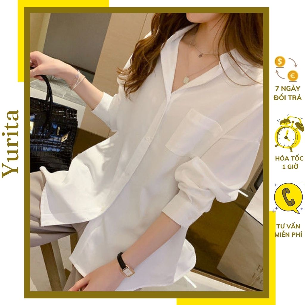 Áo Sơ Mi From Rộng YURITA Màu Trắng Dáng Dài 1 Túi Kiểu Hàn Quốc Vintage Ulzzang Tiểu Thư Bánh Bèo Chất Đũi