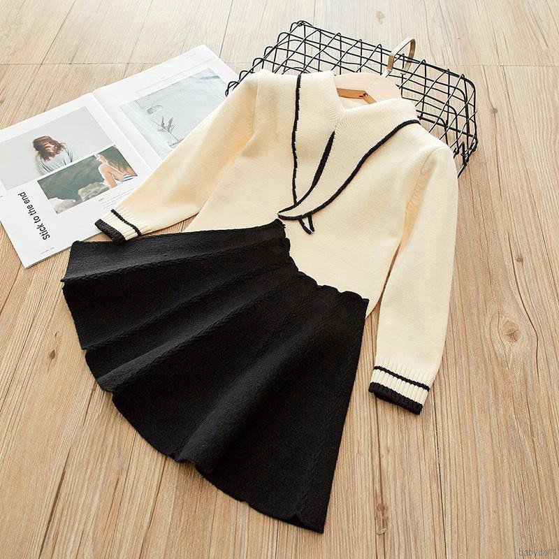 Set áo len tay dài phối chân váy xòe xinh xắn thời trang cho bé gái