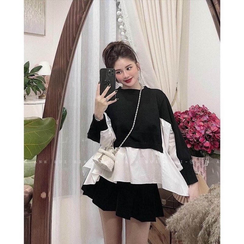 Áo Len Gân Bánh Bèo Phối Sơ Mi Vạt Bèo