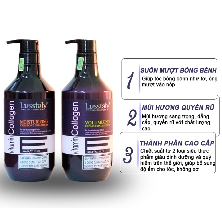 Bộ Dầu Gội + Dầu Xả LUSSTALY COLLAGEN Vitamin E 800ML - Dầu Gội Kích Thích Mọc Tóc Lamyra