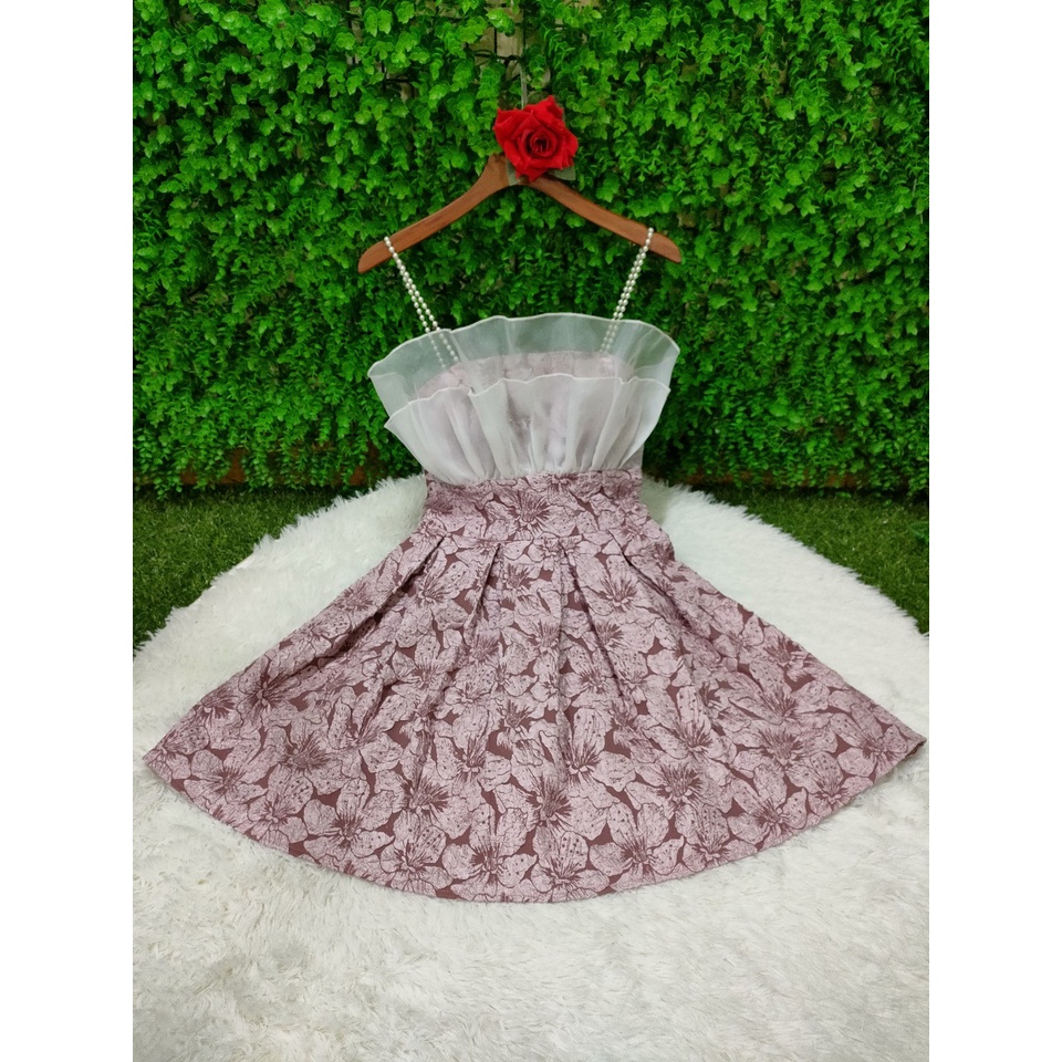 Đầm xoè tiểu thư đẹp, váy nữ xòe vải xốp Hàn hoa ly nổi 3D phối 2 dây ngọc , Loại 1