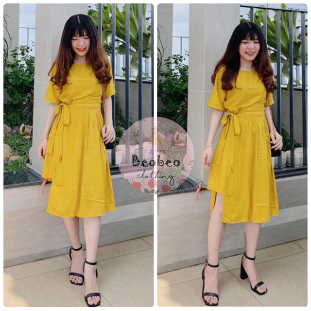 [Ảnh thật] Đầm vàng đắp chéo cột nơ eo dễ thương ulzzang