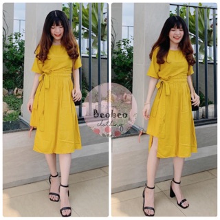 [Ảnh thật] Đầm vàng đắp chéo cột nơ eo dễ thương ulzzang