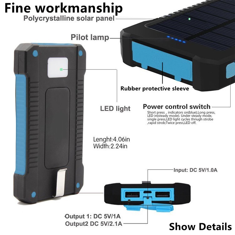Ngân hàng điện năng lượng mặt trời 20000mAh Sạc nhanh chống thấm nước di động Pin năng lượng mặt trời ngoài trời Đi kèm với đèn LED