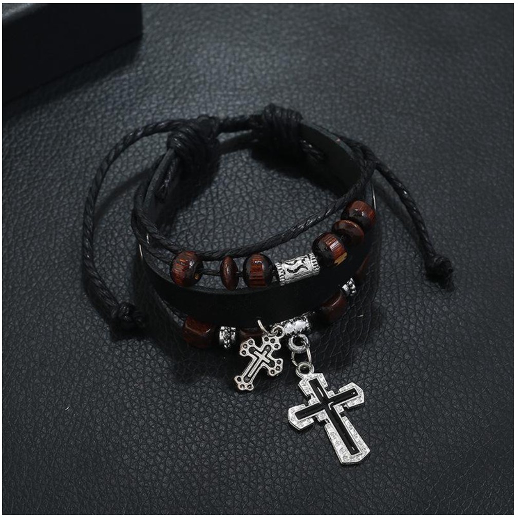 Vòng Tay Thời Trang Nam Nữ - Vòng Tay Da Hình Chữ Thập Âu Mỹ VTDA2CROSS