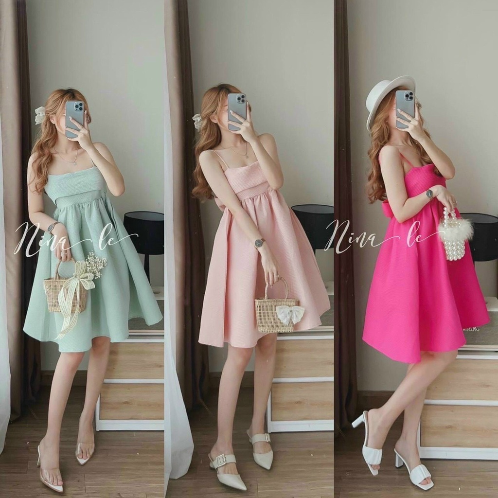 Đầm xòe hai dây cột nơ sau có mút xinh đẹp