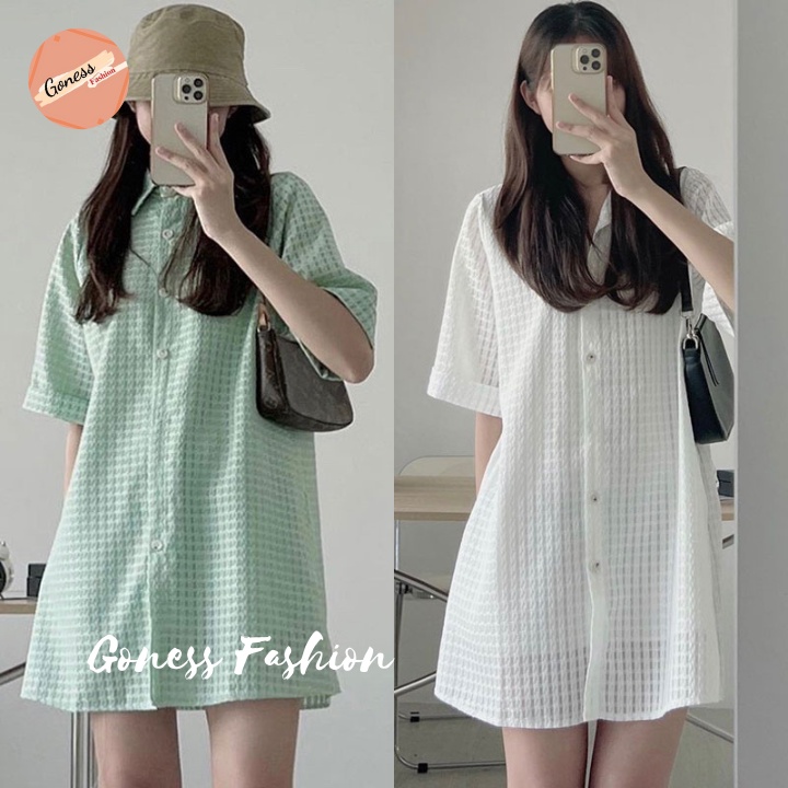 Váy sơ mi Goness đầm nữ tay ngắn lỡ dáng suông A basic chất vải gân xốp 2 màu xanh trắng đẹp