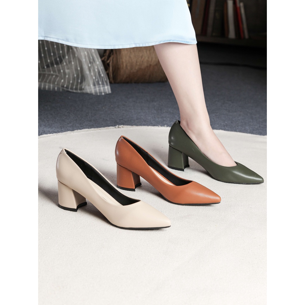 [Form nhỏ] Giày Cao Gót Đế Vuông 5cm Mũi Nhọn Basic Màu Nâu Pixie P055