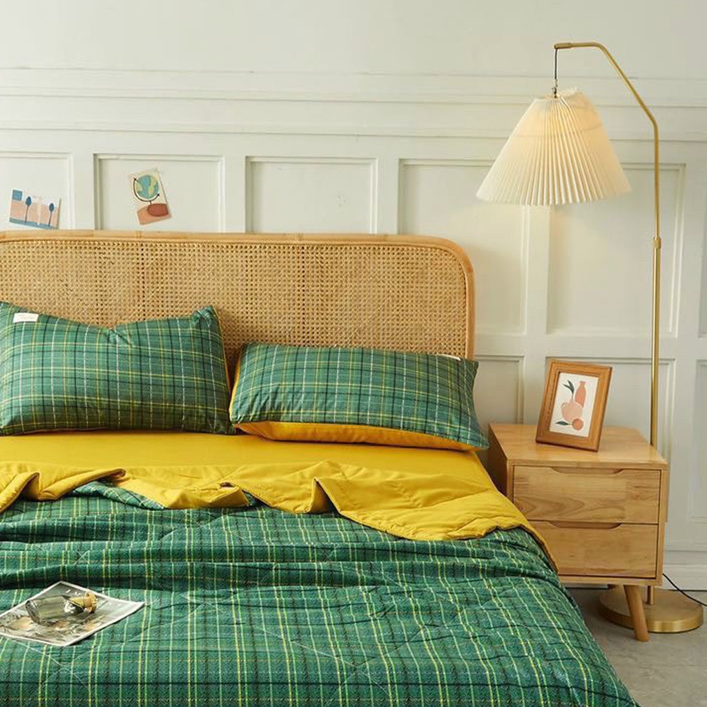 Bộ chăn ga gối cotton tici chăn trần EMMI Bedding mẫu kẻ xanh rêu  grap nệm thun lạnh Hàn Quốc Drap giường đệm đủ size