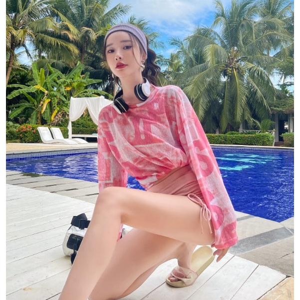 Bộ đồ bơi nữ 3 chi tiết áo lưới thể thao màu sắc trẻ trung kín đáo