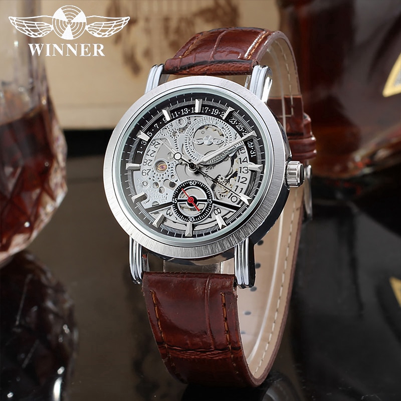 WINNER Top Brand Men Auto Mechanical Watch Date Sub-dial Skeleton Hollow Out Self-winding Genuine Leather Strap Watches