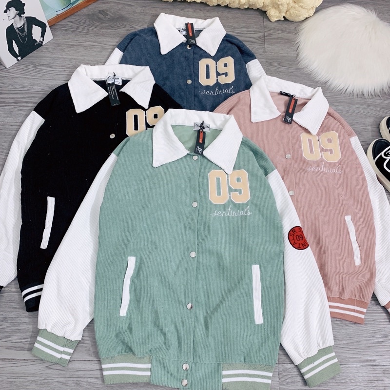 Áo Khoác Nhung Tăm Cổ Bẻ Thêu Số 09 Áo Bomber Bóng Chày Logo Tay Dáng Rộng