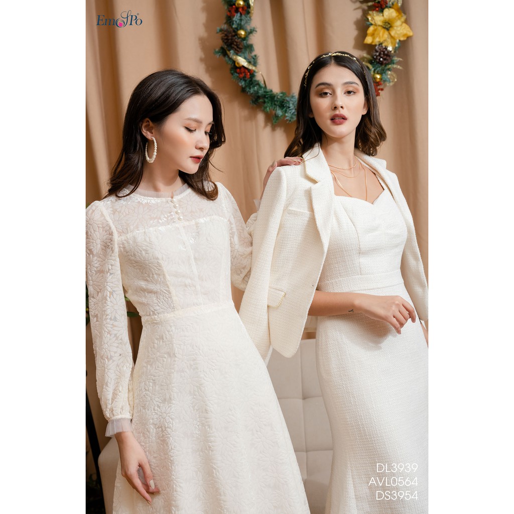 Đầm xòe hoa nhung Emspo, phối xếp ly cổ và gấu DL3939
