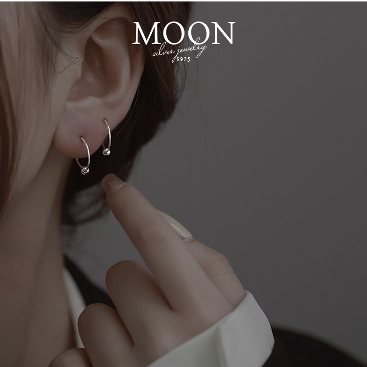 Khuyên tai bạc Moonsilver, bông tai tròn mix 1 bi cố định basic