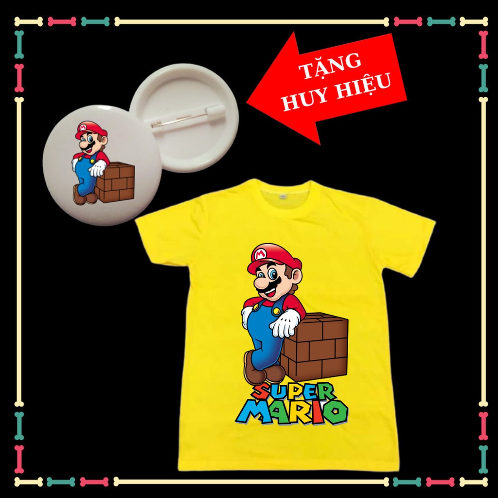 Áo thun trẻ em mẫu Mario bé trai, bé gái, tay ngắn, đủ size áo từ 10kg đến 90kg huy hiệu mario trẻ em