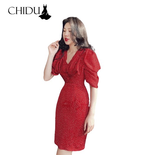 CHIDU Đầm công sở tay bồng hoạ tiết chấm bi SP107 | BigBuy360 - bigbuy360.vn