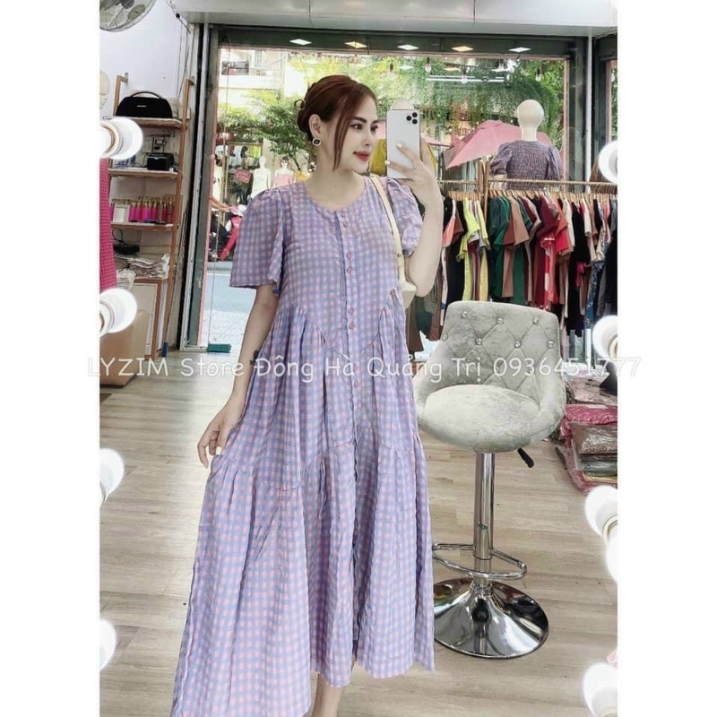 Váy Bầu kẻ khuy dáng xuông,tay bèo ,thiết kế điệu đà,phù hợp mặc đi biển ,đi du lịch ,freesize 42-68kg VB56