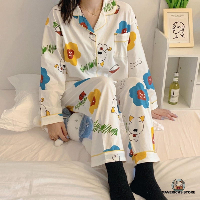 Bộ đồ ngủ hai mảnh in họa tiết hoạt hình phong cách Hàn Quốc cho nữ