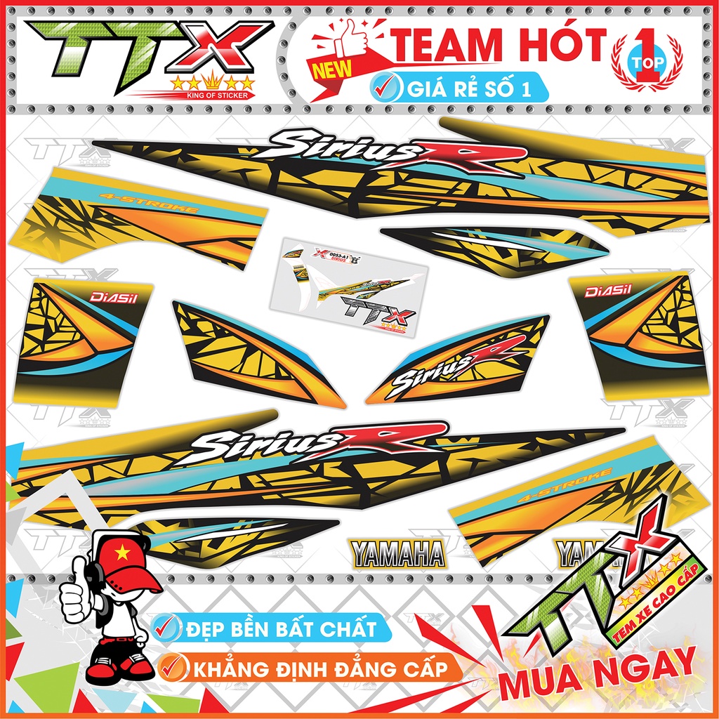 Tem rời sirius 110 chữ r màu vàng đen , Team chế sirius dán xe màu vàng nền đen siêu đẹp , Shop Tem xe sirius